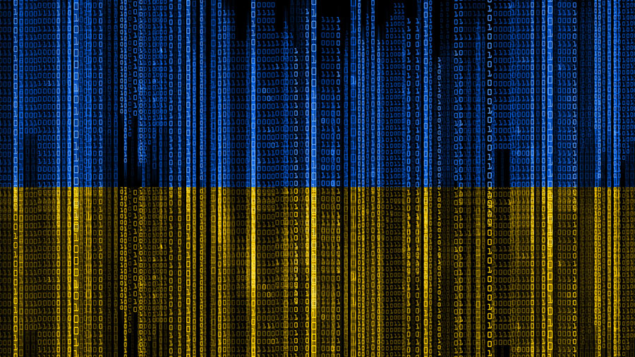Ukrainische Flagge, bestehend aus blauen und gelben einsen und nullen