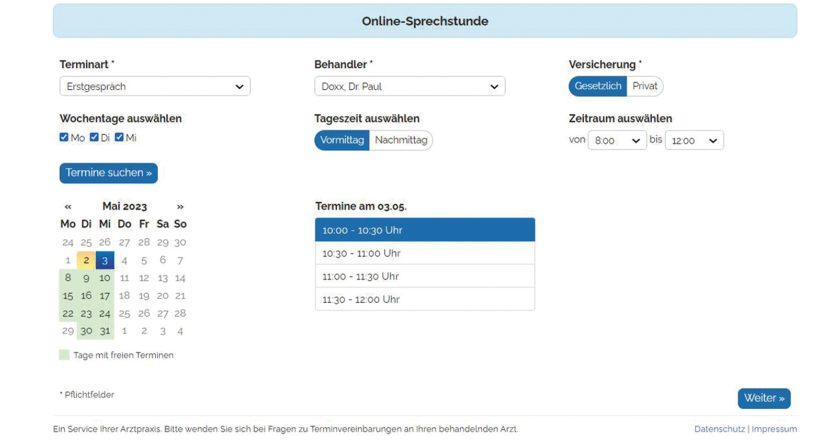 Screen medatixx Onlineterminvereinbarung - Termine können über die Software von der Website aus gebucht werden