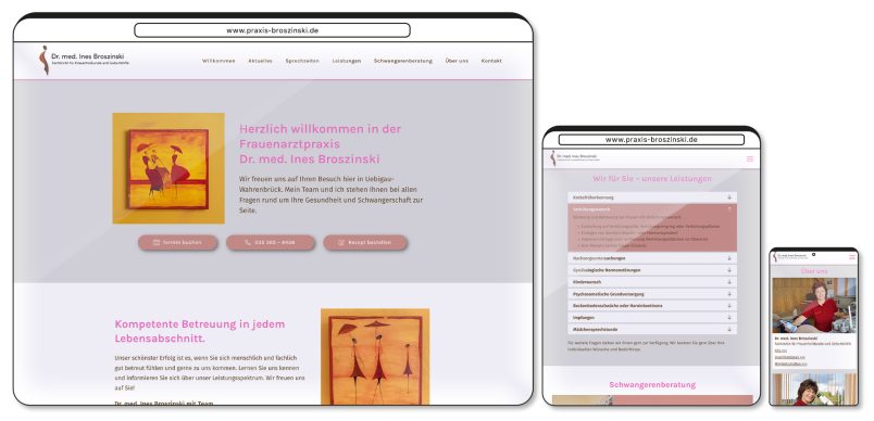 responsive website frauenarztpraxis dr. med. ines broszinski als desktop version, tablet version und mobile version