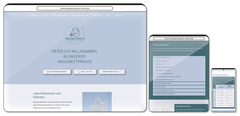 responsive website der hausarztpraxis timm als desktop version, tablet version und mobile version