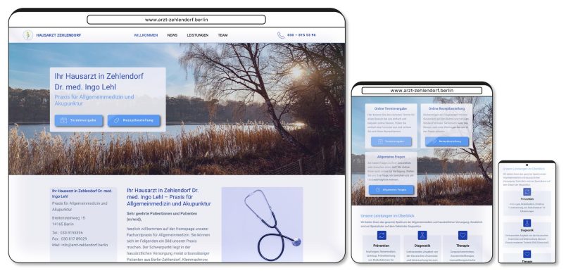 responsive website der hausarztpraxis zehlendorf dr lehl als desktop version, tablet version und mobile version